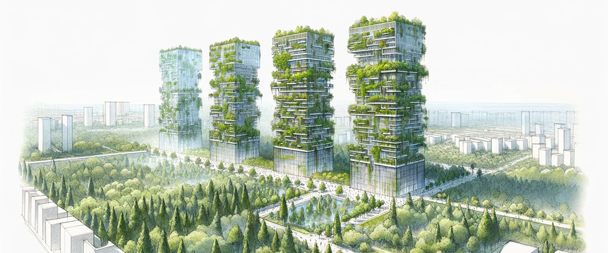 dibujo de una ciudad que integra en su diseño la naturaleza con los edificios